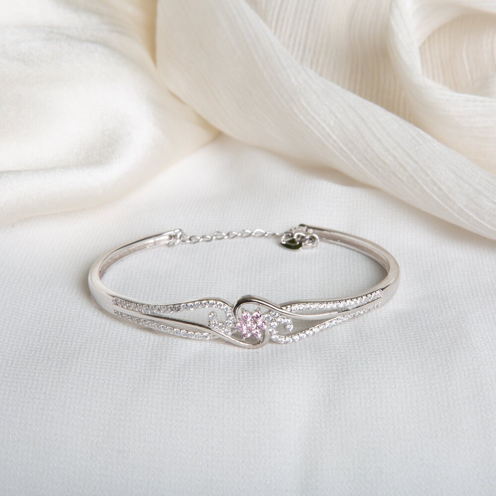 Sterling Silver Floral Pink Gem Bangle