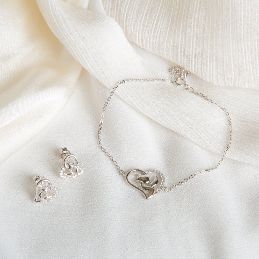 s925 Silver Lotus Heart Adjustable Bracelet With Lotus Heart Earrings