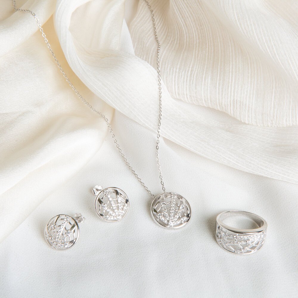 s925 Silver Matching Round Cobweb With Zircon Pendant , Ring , Earrings And Including s925 Chain
