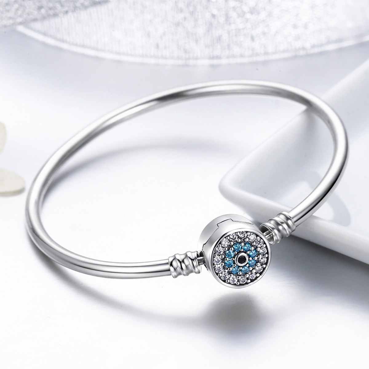 Sterling Silver Evil Eye Clasp Bangle - Image 4