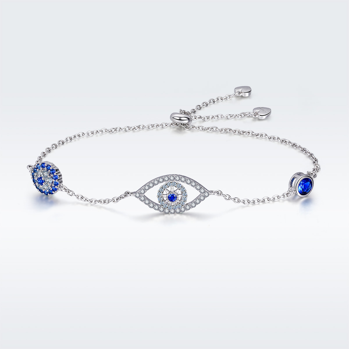 Sterling Silver Adjustable Evil Eye Bracelet with Blue Gemstone
