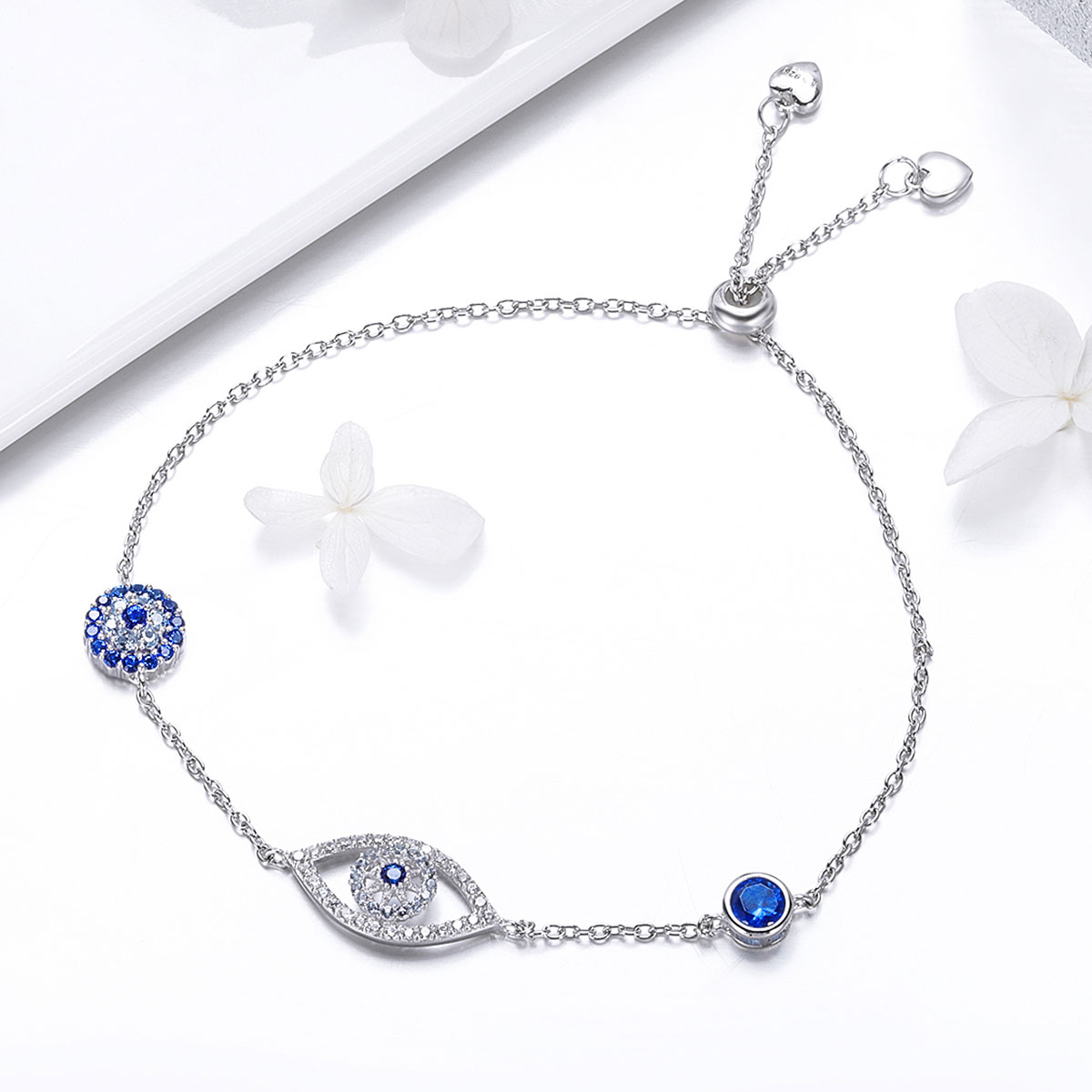 Sterling Silver Adjustable Evil Eye Bracelet with Blue Gemstone - Image 3