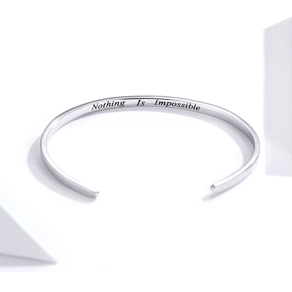 Sterling Silver Flat Open Bangle – “Nothing Is Impossible”