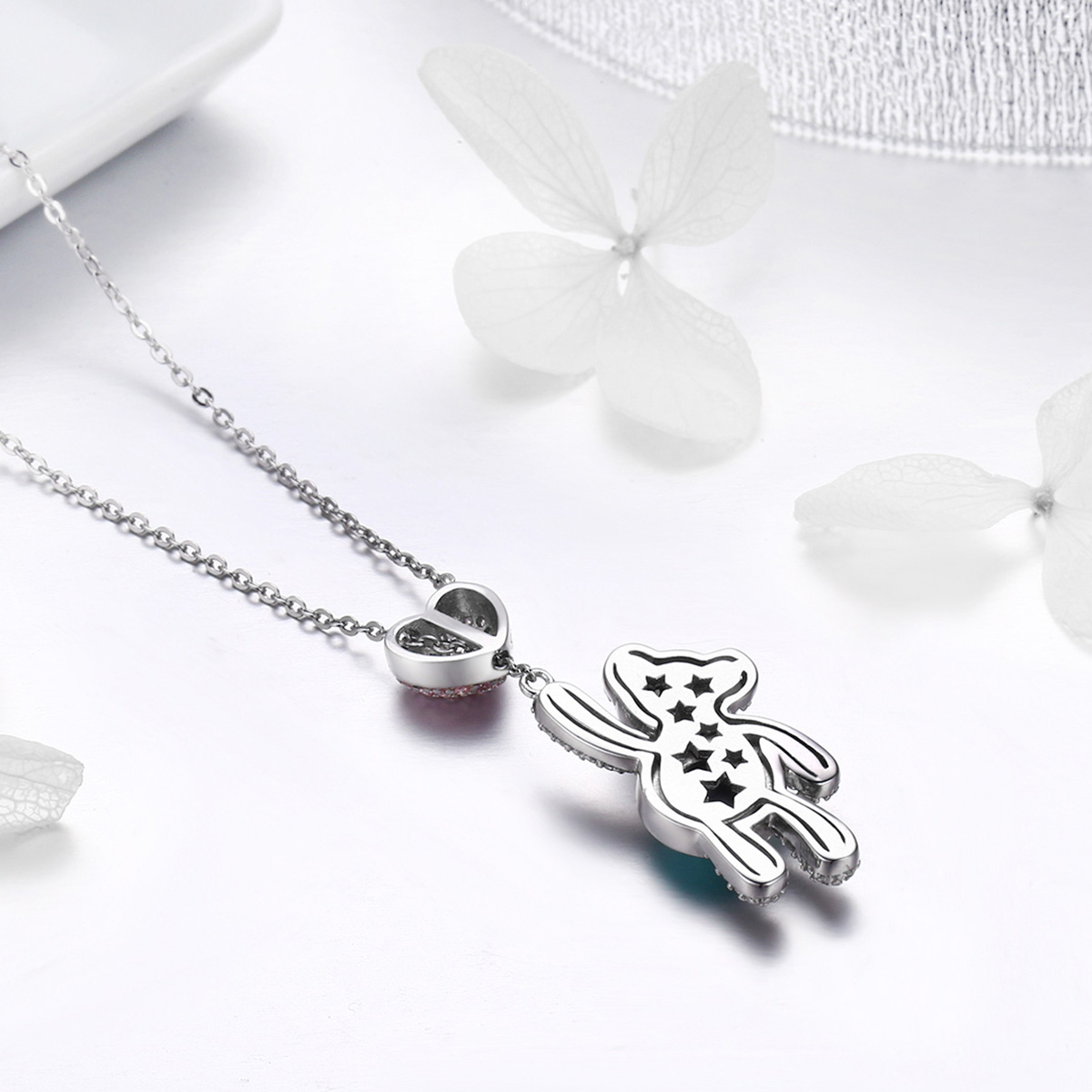 Sterling Silver Crystal Teddy Bear Heart Necklace - Image 5