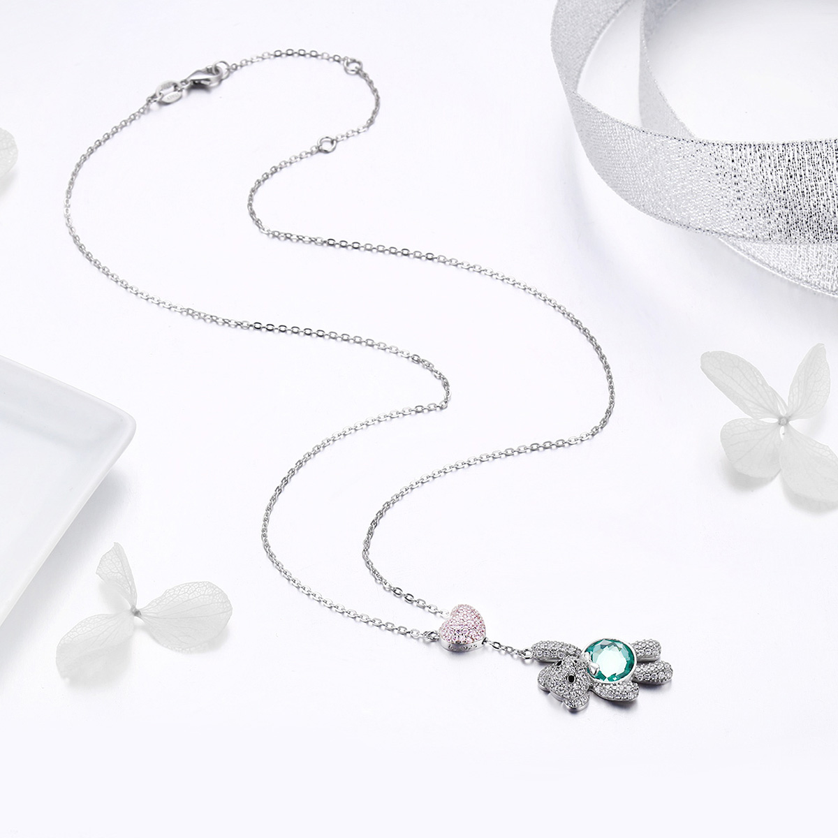 Sterling Silver Crystal Teddy Bear Heart Necklace - Image 6