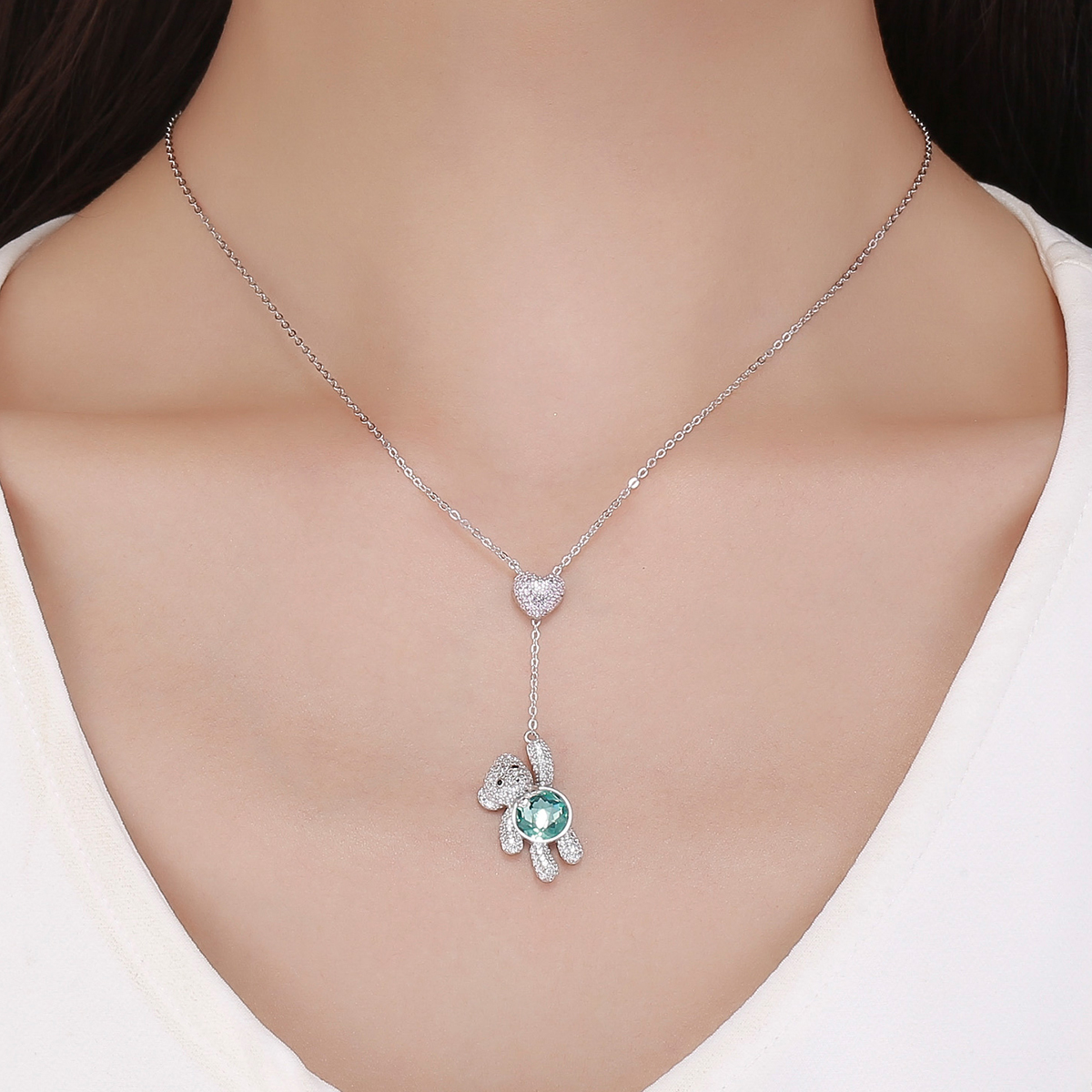 Sterling Silver Crystal Teddy Bear Heart Necklace - Image 4