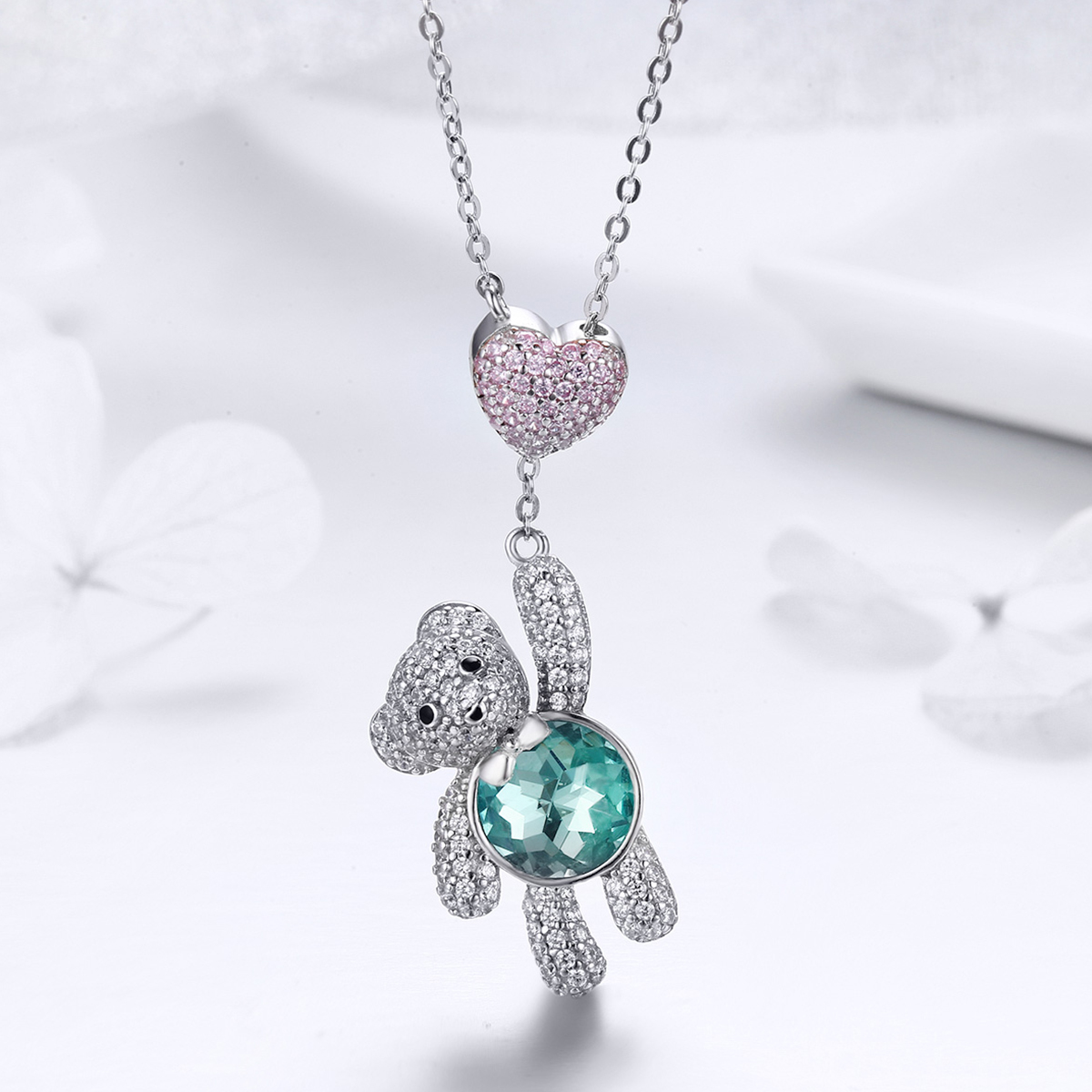 Sterling Silver Crystal Teddy Bear Heart Necklace - Image 2